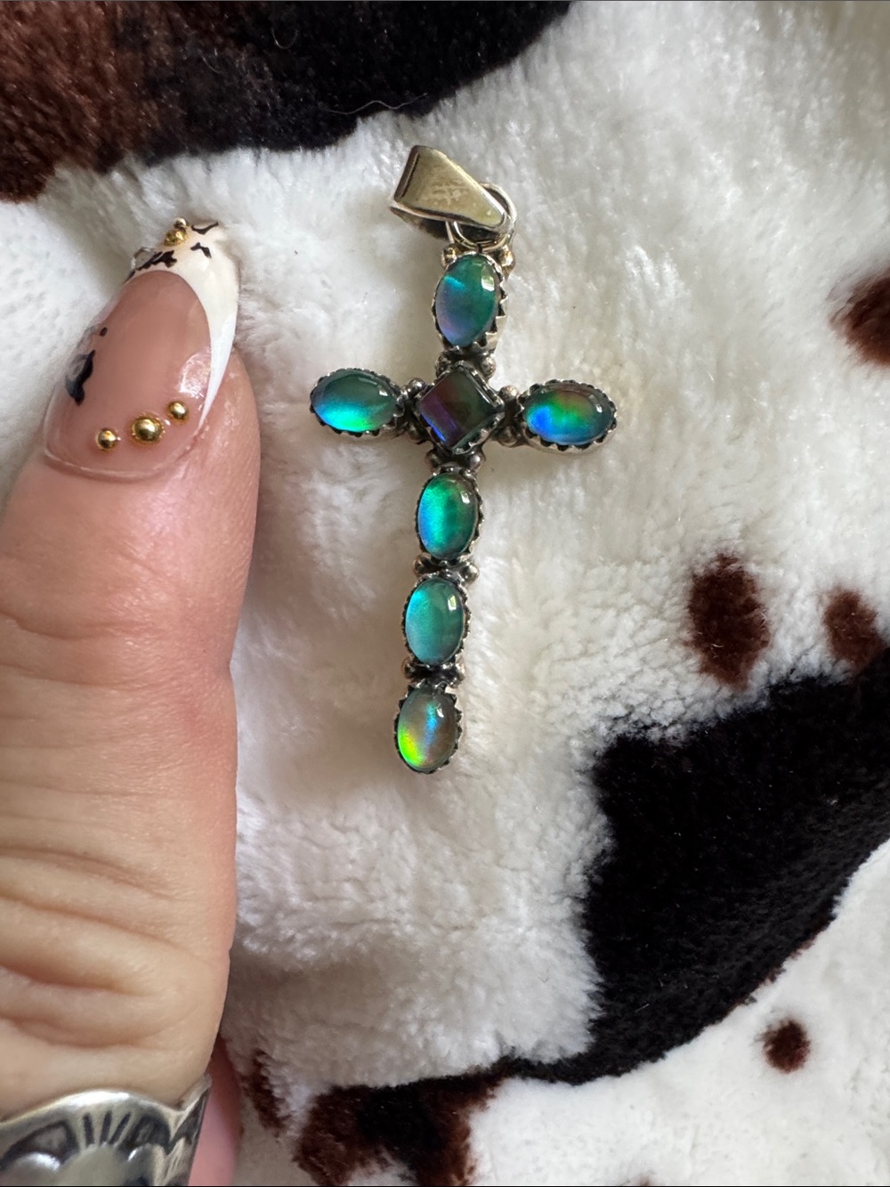 Iridescent Green Opal Cross Pendant Necklace - Women Jewelry